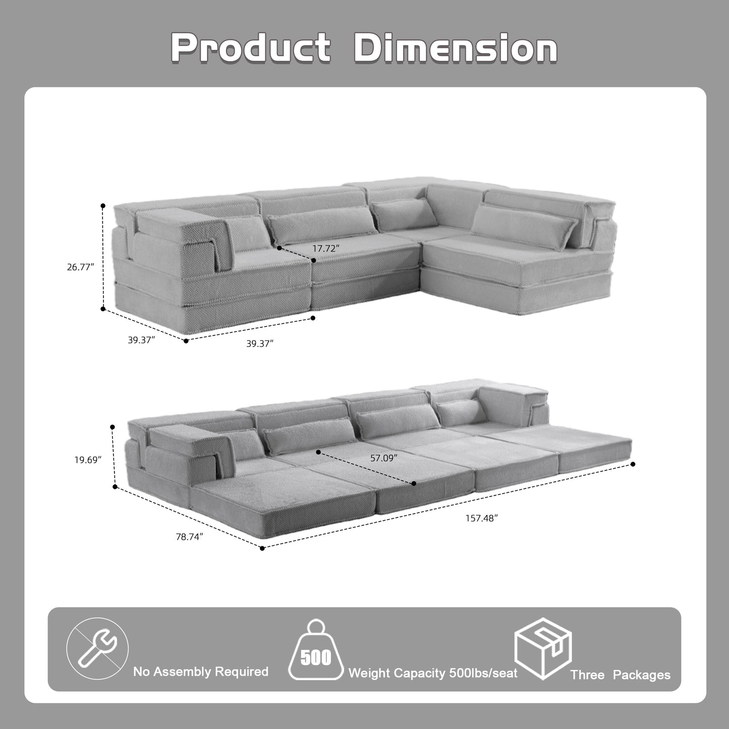 Kompressions-Mahjong-Sofa, Umwandelbares Boden-Sofabett, DIY Knochenloses Modulares Sektionalsofa, Keine Montage Erforderlich, Kreisförmiger Fleece-Stoff, Überdimensioniertes 4-Sitzer-Sofa mit 4 Kissen, Hellgrau