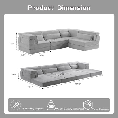 Kompressions-Mahjong-Sofa, Umwandelbares Boden-Sofabett, DIY Knochenloses Modulares Sektionalsofa, Keine Montage Erforderlich, Kreisförmiger Fleece-Stoff, Überdimensioniertes 4-Sitzer-Sofa mit 4 Kissen, Hellgrau