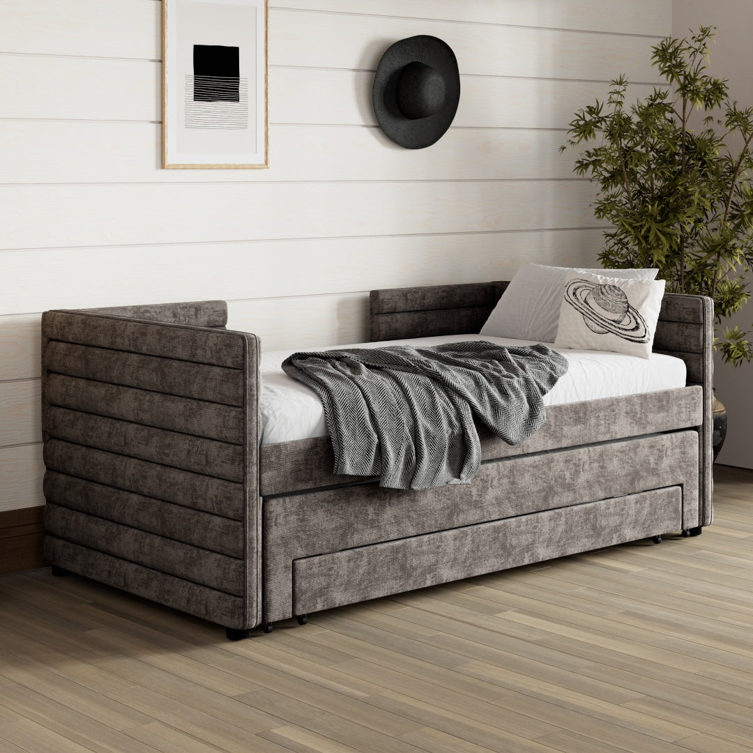Twin Size Upholstered Daybed With Trundle And 3 Storage Drawers, Chenille Fabric Sofa Bed For Guest Room, Living Room, Space-Saving Modern Day Bed Frame, No Box Spring Needed