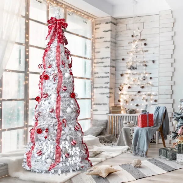 7 FT Vollständig Dekorierter Vorbeleuchteter Weihnachtsbaum, Pop-Up Künstlicher Xmas-Baum mit 170 Warmen Lichtern und Roten Kugeln für Zuhause, Büro, Laden und Feiertagsdekoration, Weiß