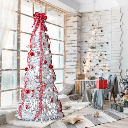 7 FT Vollständig Dekorierter Vorbeleuchteter Weihnachtsbaum, Pop-Up Künstlicher Xmas-Baum mit 170 Warmen Lichtern und Roten Kugeln für Zuhause, Büro, Laden und Feiertagsdekoration, Weiß