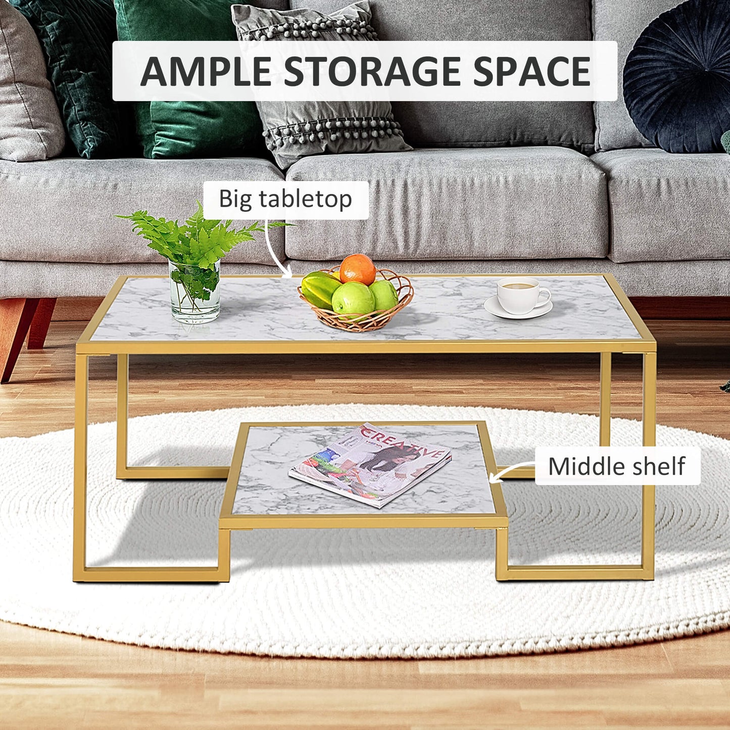 Minimalist Art Deco Coffee Table with Laminate Marble Print Table Top & Underneath Storage Shelf