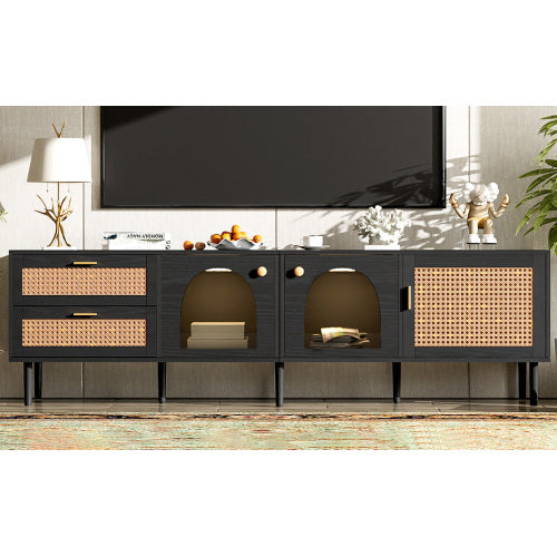 Rattan-Fernsehtisch mit 3 Schränken & 2 Schubladen, Rattan-inspirierte Medienkonsole für Fernseher bis zu 80 Zoll, LED-Licht-Unterhaltungszentrum, TV-Schrank für Wohnzimmer, Schlafzimmer, Heimkino