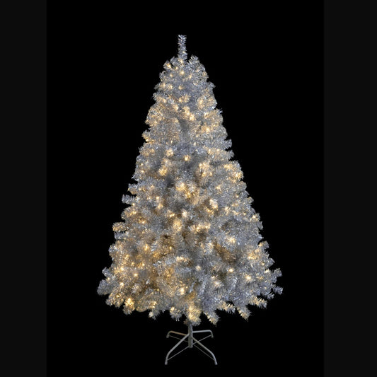 6FT Silberner Vorbeleuchteter Künstlicher Weihnachtsbaum, Scharnierter Voller Baum mit Metallständer, 800 Astspitzen, 300 LED-Lichter, 11 Beleuchtungsmodi, Weihnachtsbaumsdekoration für Innen- und Außenbereich – KEINE Unterstützung für Abholung vor Ort
