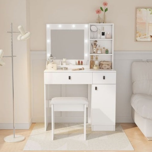 Toilettentisch mit Lichtern, Toilettentisch-Set mit Spiegel, Schminktisch mit großen Schubladen, Drei-Ebenen-Speicher-Kommode, Toilettentische mit 3 Lichtern, einstellbare Helligkeit für das Schlafzimmer, weiß