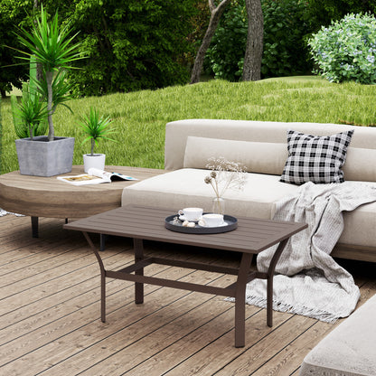 Außentisch mit lamellenförmiger Tischplatte, wetterbeständiger rechteckiger Metall-Couchtisch für Terrasse und Garten, braun