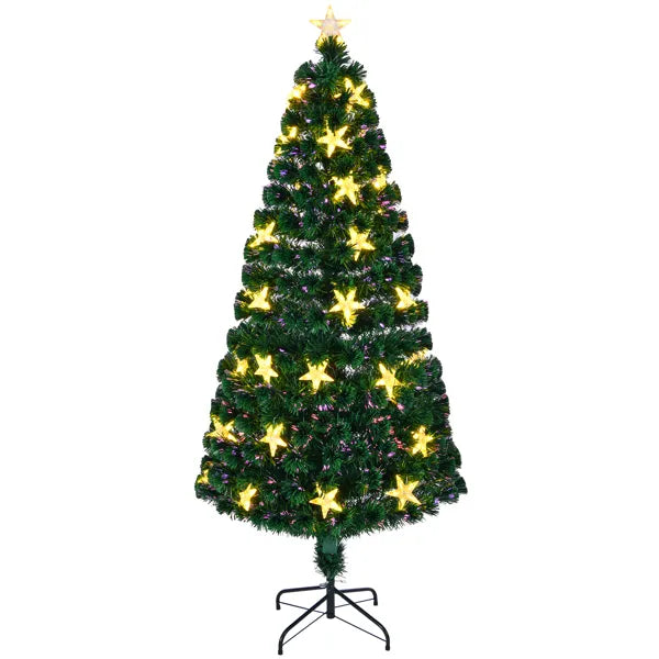 7FT Vorbeleuchteter Glasfaser-Weihnachtsbaum mit großen Sternen, Künstlicher Weihnachtsbaum Fichte grüner Baum mit Metallständer, Voller Baum für Feiertagsdekoration