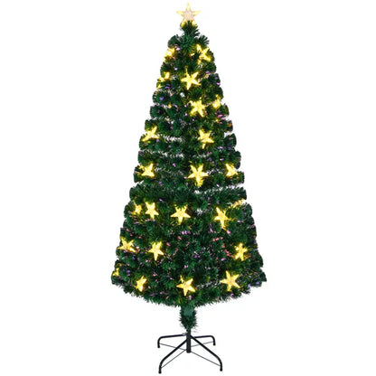 7FT Vorbeleuchteter Glasfaser-Weihnachtsbaum mit großen Sternen, Künstlicher Weihnachtsbaum Fichte grüner Baum mit Metallständer, Voller Baum für Feiertagsdekoration