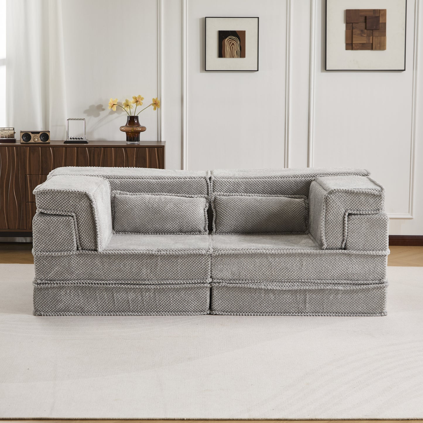 Kompressions-Mahjong-Sofa, umklappbares Boden-Sofabett, DIY knochenloses modulares Sektionssofa, keine Montage erforderlich, kreisförmiger Fleece-Stoff, modernes überdimensioniertes Zweiersofa, Hellgrau