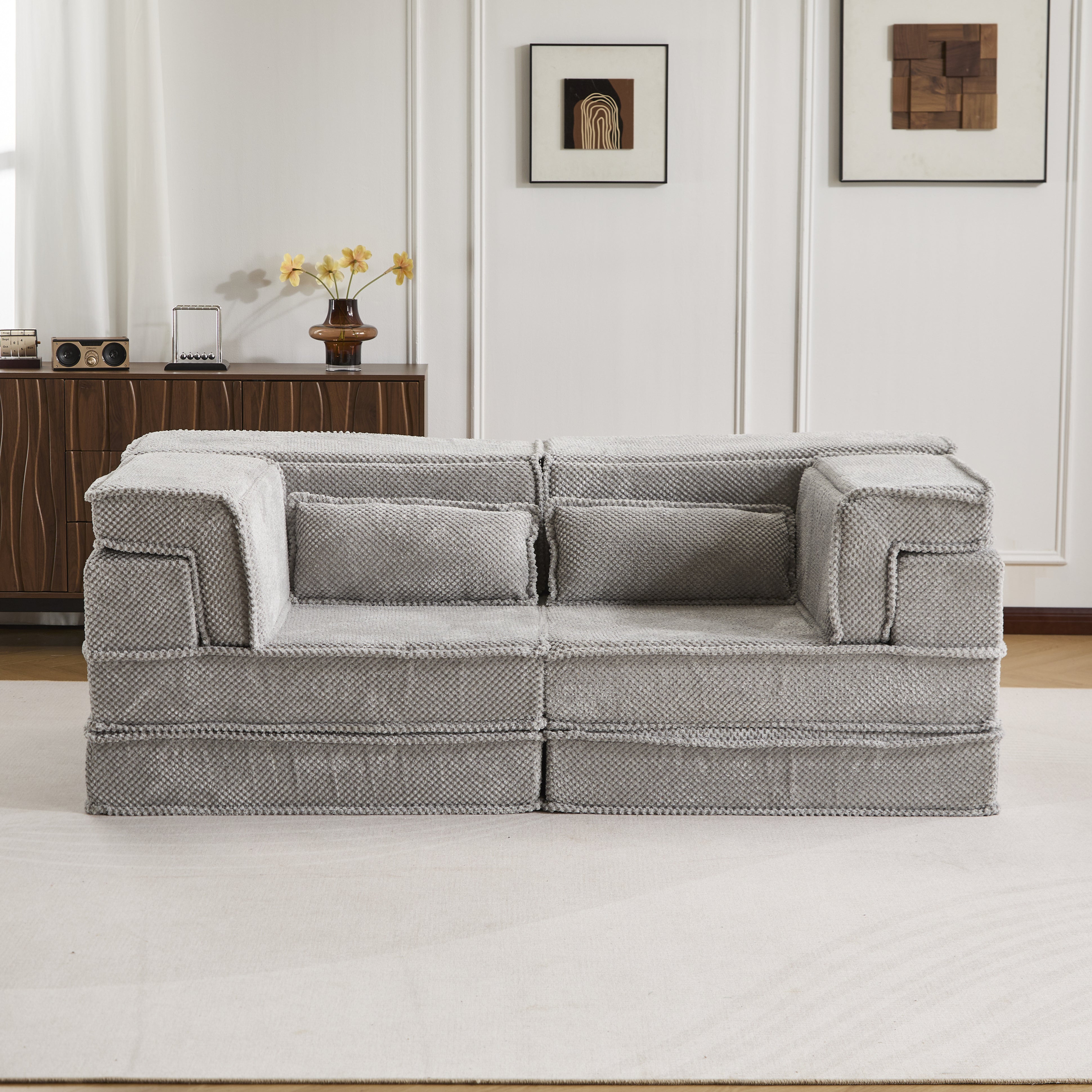 Kompressions-Mahjong-Sofa, umklappbares Boden-Sofabett, DIY knochenloses modulares Sektionssofa, keine Montage erforderlich, kreisförmiger Fleece-Stoff, modernes überdimensioniertes Zweiersofa, Hellgrau