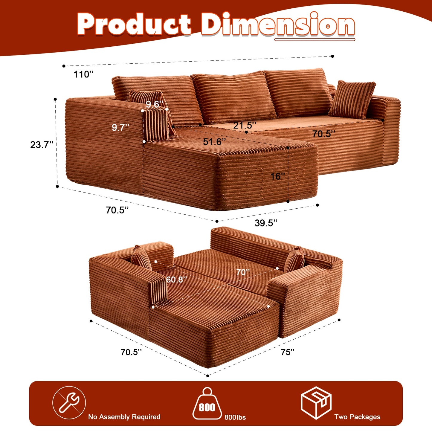 Kompressions-Sitzgruppen-Sofa mit bequemer Chaise, knochenloses L-förmiges Sofa mit tiefer Sitzfläche, minimalistisches modulares Schlafsofa für Wohnzimmer, Schlafzimmer, Apartment und Lounge, Corduroy, Braun