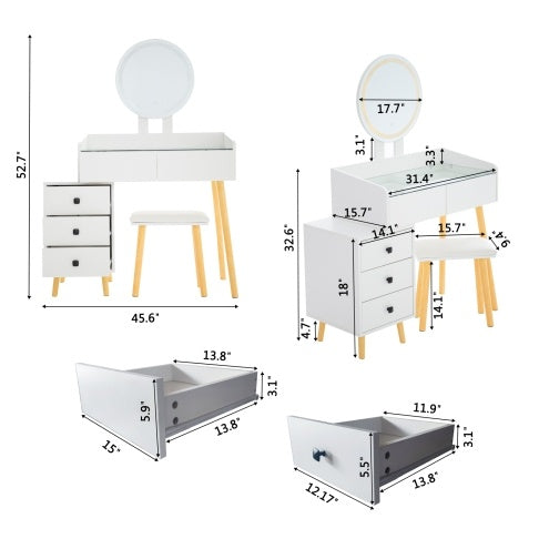 Frisiertisch mit LED-Lichtern Glasplatte Frisiertisch mit ausziehbarem Seitentisch 5 Schubladen Frisiertisch mit Spiegel und Hocker für das Schlafzimmer