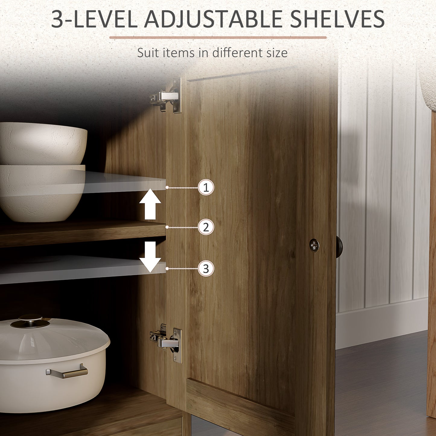 Kitchen Storage Sideboard, Farmhouse Buffet Cabinet With Barn Style Doors, Drawers, Adjustable Shelves, Light Brown