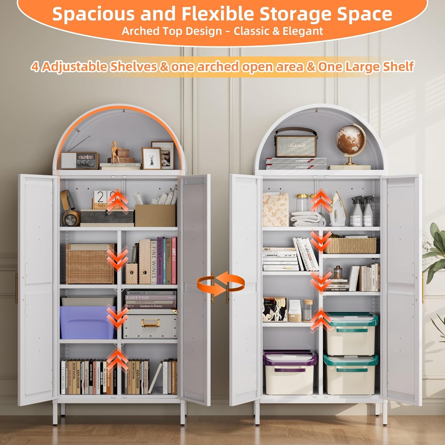 Weißer Küchen-Vorratsschrank, Gebogener Stauraumschrank mit Türen und einstellbaren Regalen, Hoher freistehender Schrank für Wäscheraum, Esszimmer, Wohnzimmer, Badezimmer