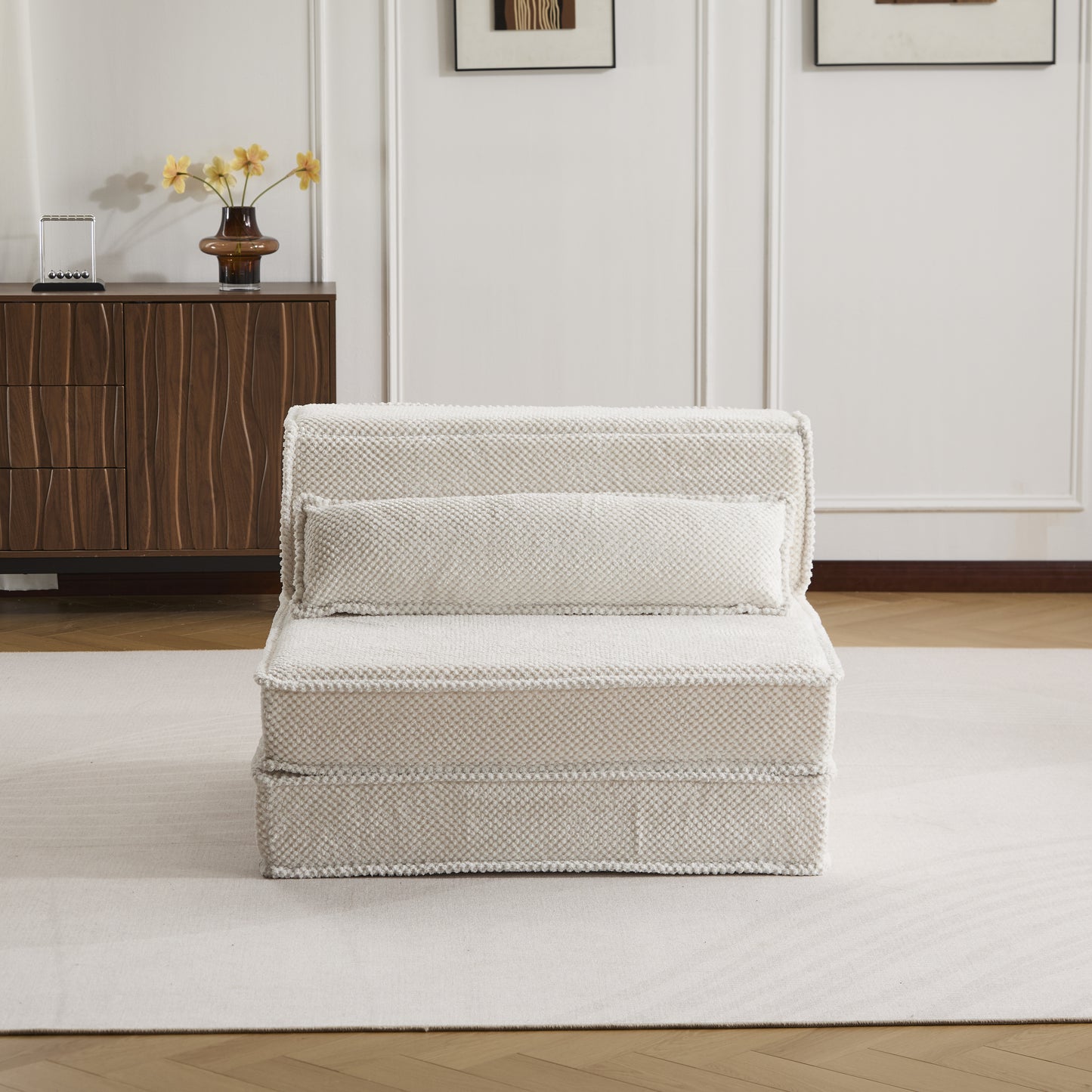 Kompressions-Mahjong-Sofa, Umwandelbares Boden-Sofabett, DIY Knochenloses Modulares Sektionalsofa, Keine Montage Erforderlich, Kreisförmiger Fleece-Stoff, Überdimensioniertes Einzelsofa mit 1 Kissen, Weiß