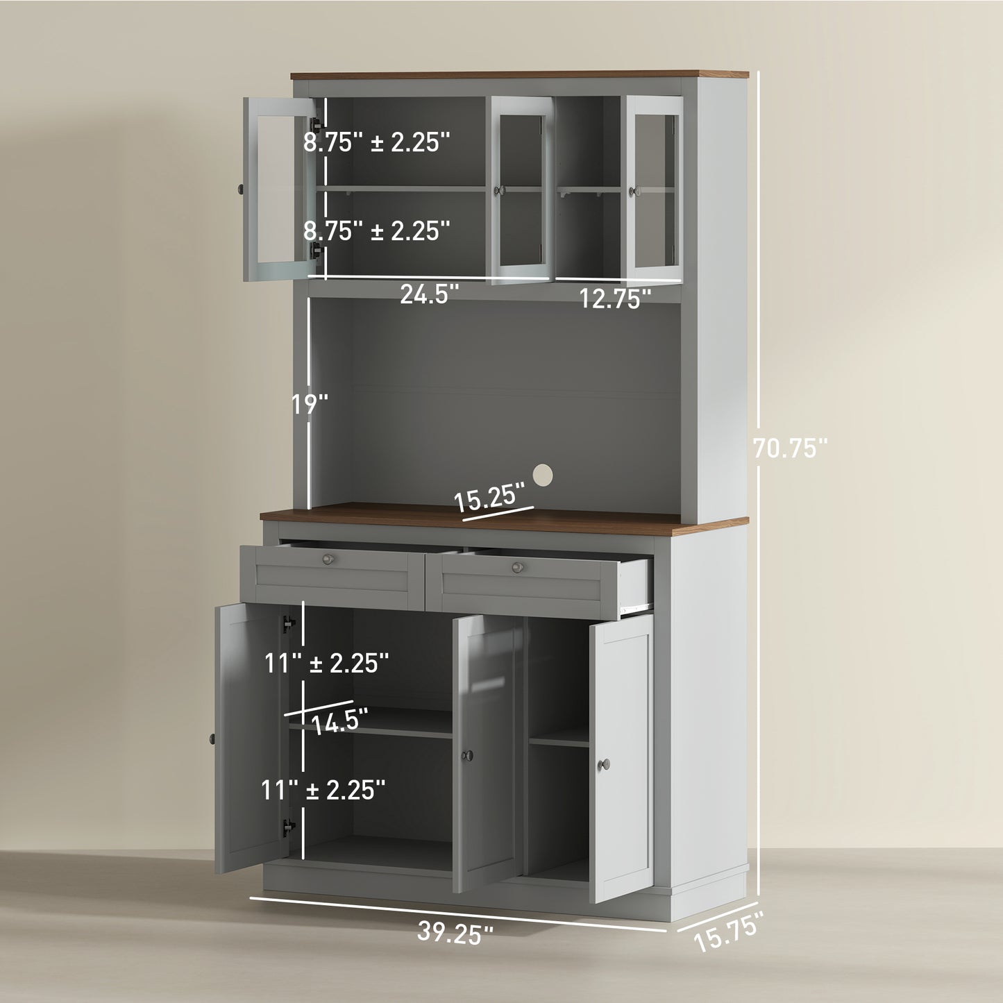 71 Küchen-Speisekammer-Schrank mit Mikrowellenständer, Küchenschrank mit 2 Schubladen und einstellbaren Regalen, Grau