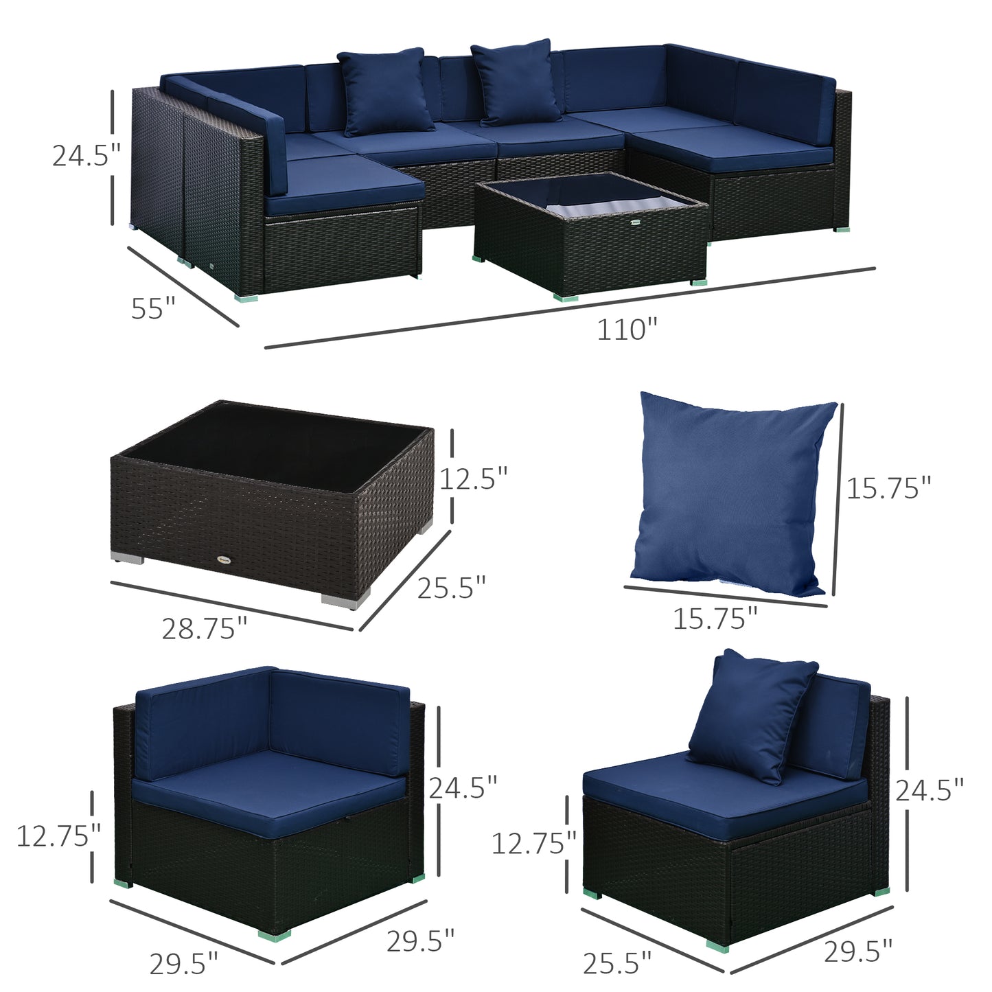 7-teiliges Rattan-Sofa, Outdoor-Patio-Möbelset mit abnehmbaren Kissen und Hocker, Glas-Couchtisch – Dunkelbraun Blau