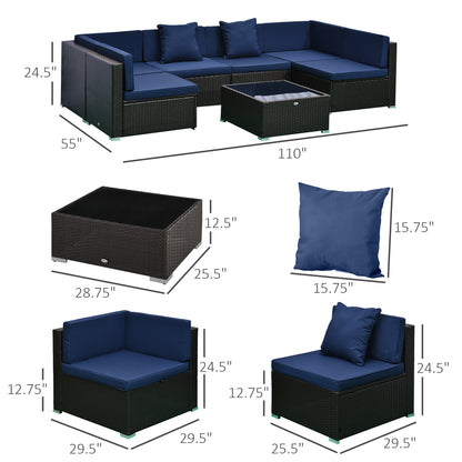 7-teiliges Rattan-Sofa, Outdoor-Patio-Möbelset mit abnehmbaren Kissen und Hocker, Glas-Couchtisch – Dunkelbraun Blau