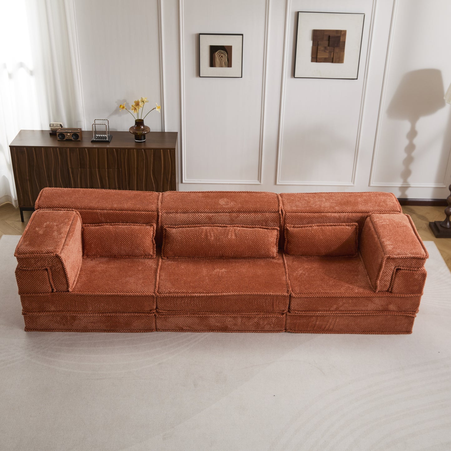 Compression Mahjong Sofa,Convertible Floor Sofa Bed,DIY Boneless Modular Sectional Sofa,No Assembly Required,Circle Fleece Fabric,Oversized 3 Seater With 3 Pillows,Orange