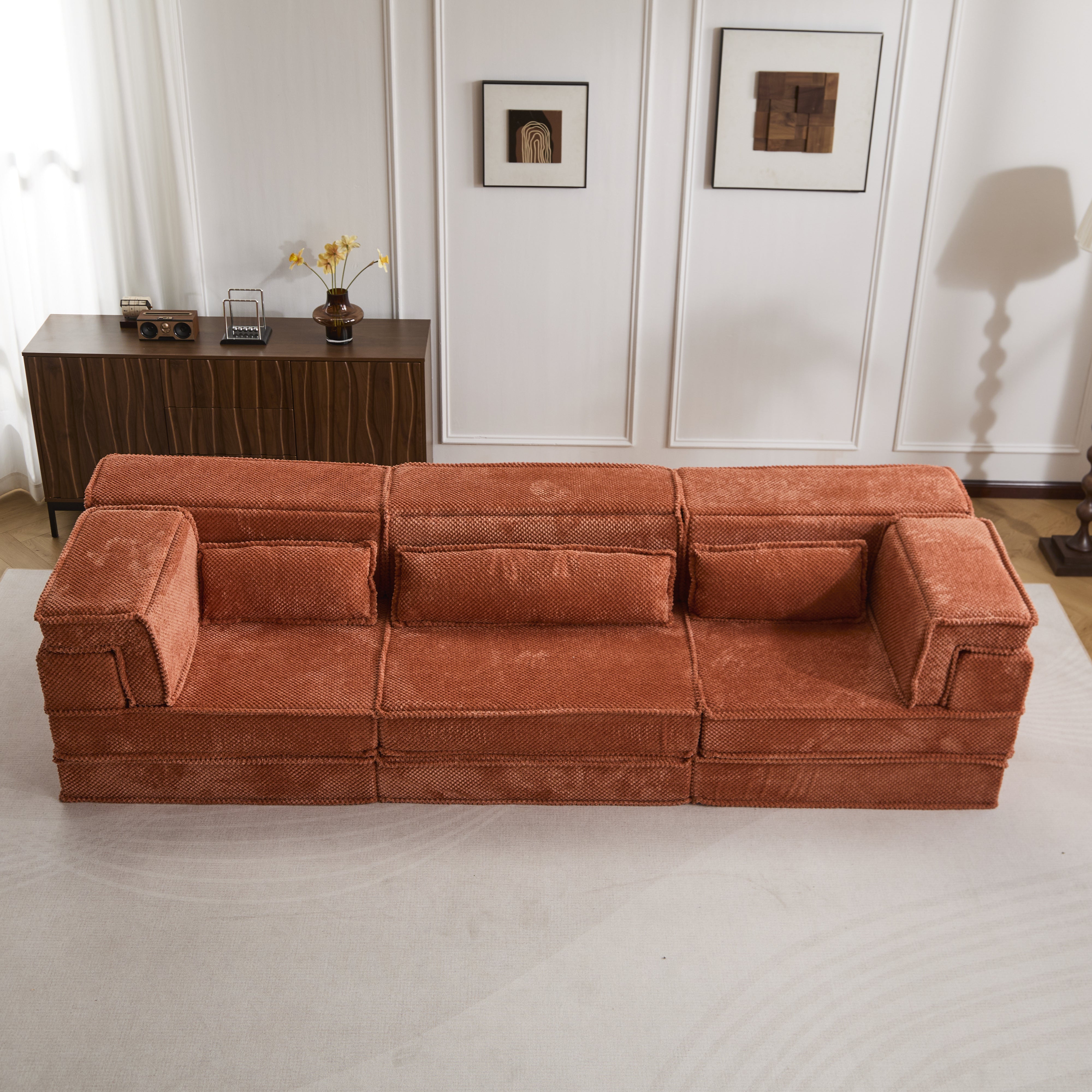 Kompressions-Mahjong-Sofa, Umwandelbares Boden-Sofa-Bett, DIY Knochenloses Modulares Sektionalsofa, Keine Montage Erforderlich, Kreisförmiger Fleece-Stoff, Überdimensioniertes 3-Sitzer-Sofa mit 3 Kissen, Orange