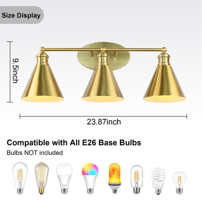 Badezimmer 3-Licht-Beleuchtung Armaturen über dem Spiegel, 24-Zoll Gold Badezimmer Rostschutz-Wandlampe für Badezimmer Dusche Toilette E26 Glühbirnen