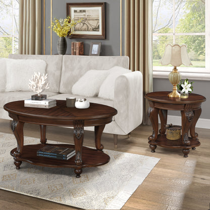 42'' Oval Wood Coffee Table For Living Room, 2-Tier Solid Wood Cocktail Table With Open Storage Shel