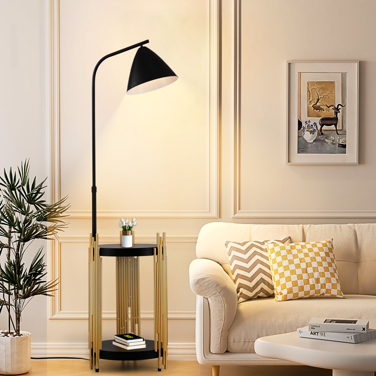 Luxus-Regal Stehlampe für das Wohnzimmer mit Metall-Lampenschirm, hohe Stehlampe im industriellen Stil für Lesen im Schlafzimmer, Büro E26 Ohne mitgelieferte Glühbirne - Mattgold Mattschwarz