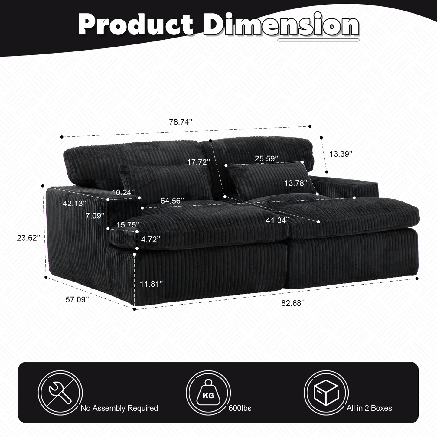 Doppel-Liege-Stuhl für Innenräume, Überdimensionierte Bezogene Schlafcouch Cloud-Sofa, Tief Sitzendes Luxus-Sofabett, Sektionale Sofa-Liege-Liebesitz, Corduroy-Lesestuhl für das Wohnzimmer, Keine Montage erforderlich, Schwarz