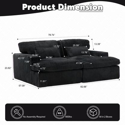 Doppel-Liege-Stuhl für Innenräume, Überdimensionierte Bezogene Schlafcouch Cloud-Sofa, Tief Sitzendes Luxus-Sofabett, Sektionale Sofa-Liege-Liebesitz, Corduroy-Lesestuhl für das Wohnzimmer, Keine Montage erforderlich, Schwarz