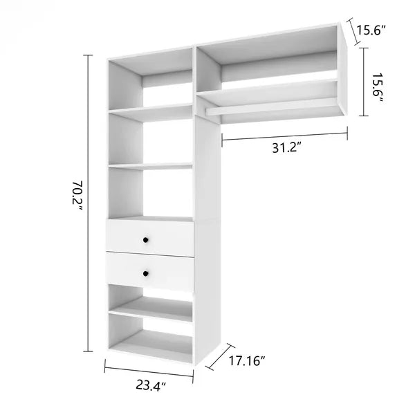 Livelylodge Modulares Kleiderschranksystem: Moderner weißer offener Kleiderschrank für Schlafzimmer-Walk-in-Kleiderschrank mit 2 Schubladen & 6 Regalen & 1 Kleiderstange Stauraum-Kleiderschrank 54,6"L*17,16"B*70,2"H