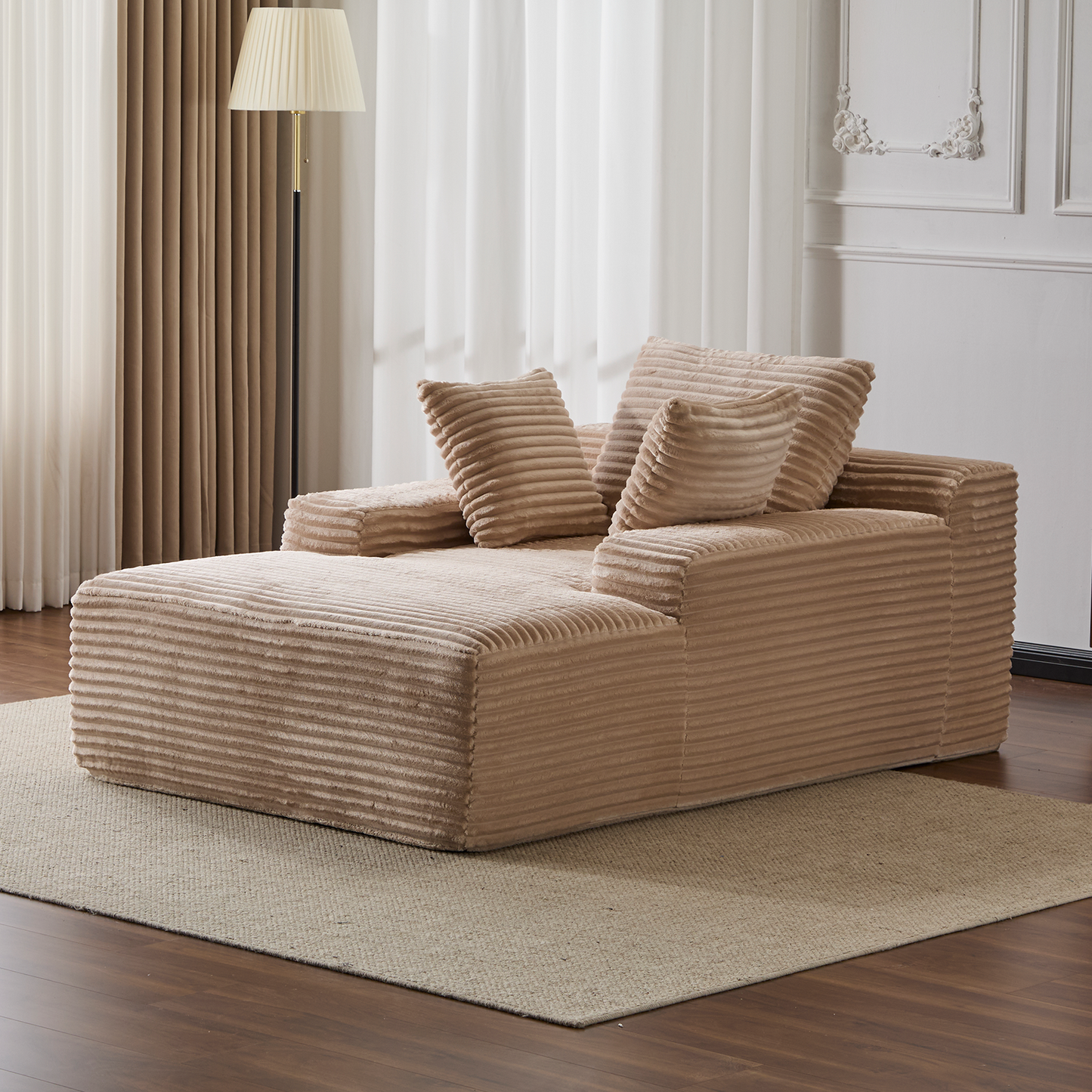 Überdimensionierter Chaiselongue-Sessel Gemütliches Wolken-Sofa, Modern gepolstertes Cord-Stoff bezogenes Schlafcouch-Tagbett mit 3 Dekokissen und breiter Armlehne für das Wohnzimmer, keine Montage erforderlich, Beige