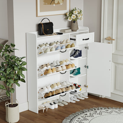 Weißer Schuhschrank mit 4 Türen und 1 Schublade, PVC-Tür mit Form, großer Stauraum