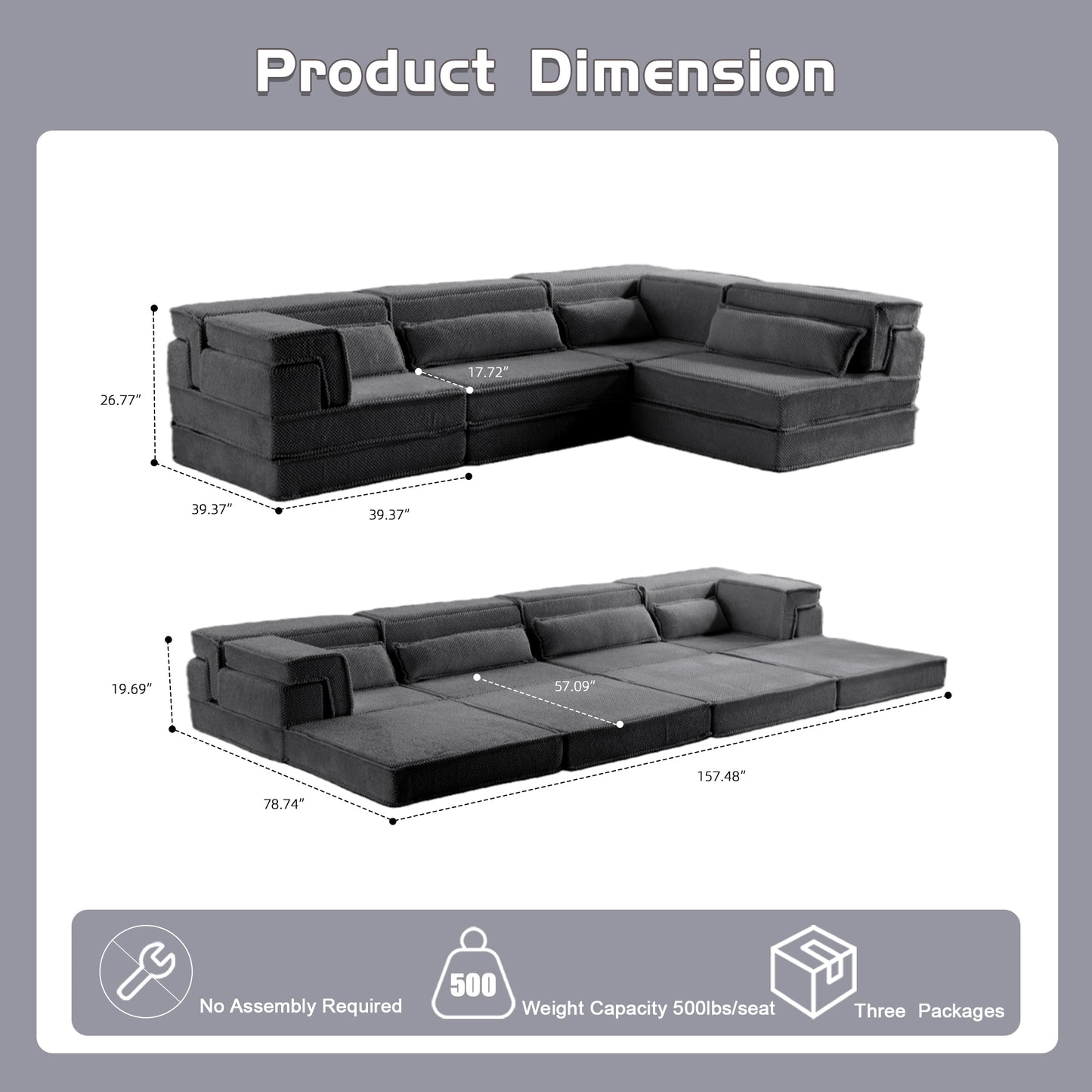 Kompressions-Mahjong-Sofa, Umwandelbares Boden-Sofabett, DIY Knochenloses Modulares Sektionssofa, Keine Montage Erforderlich, Kreisförmiger Fleece-Stoff, Überdimensioniertes 4-Sitzer-Sofa mit 4 Kissen, Dunkelgrau