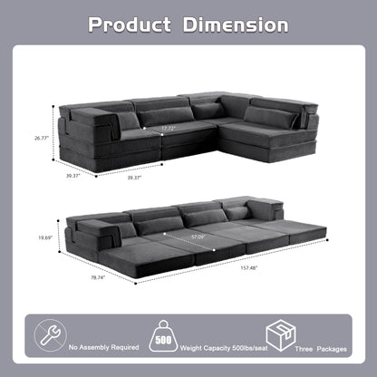 Kompressions-Mahjong-Sofa, Umwandelbares Boden-Sofabett, DIY Knochenloses Modulares Sektionssofa, Keine Montage Erforderlich, Kreisförmiger Fleece-Stoff, Überdimensioniertes 4-Sitzer-Sofa mit 4 Kissen, Dunkelgrau