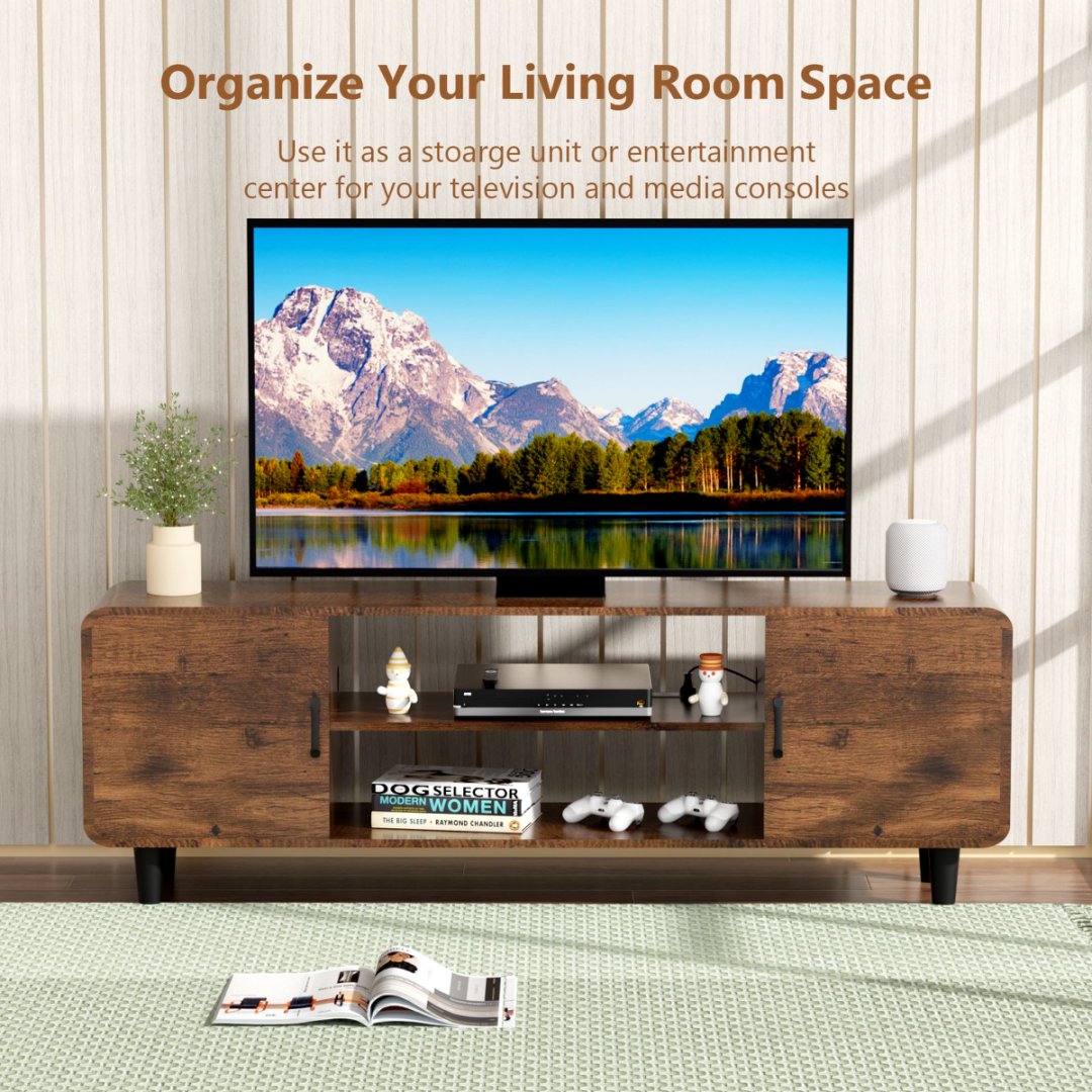 TV-Ständer für 55-Zoll-Fernseher, Medienmöbel mit Stauraumschränken, Tür mit weichem Scharnier und Griff, Medientisch für Wohnzimmer und Schlafzimmer, rustikal braun