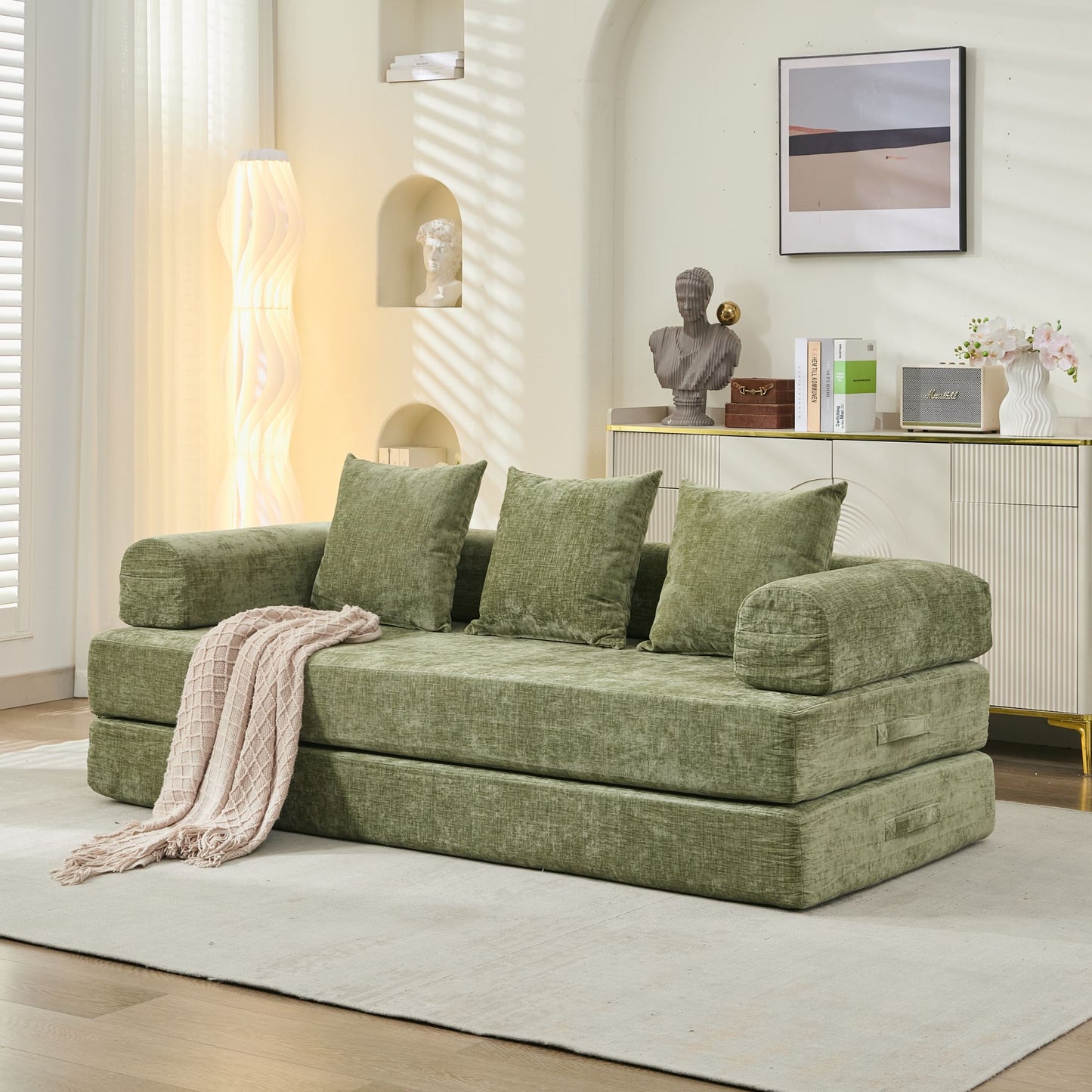 Komfortables umklappbares Matratzen-Sofa, Boden-Sofabett, Chenille-Boden-Sofa mit Armlehnen, Boden-Sofa-Lounge-Couch für Wohnzimmer, Schlafzimmer, Lounge und Studio – Grün