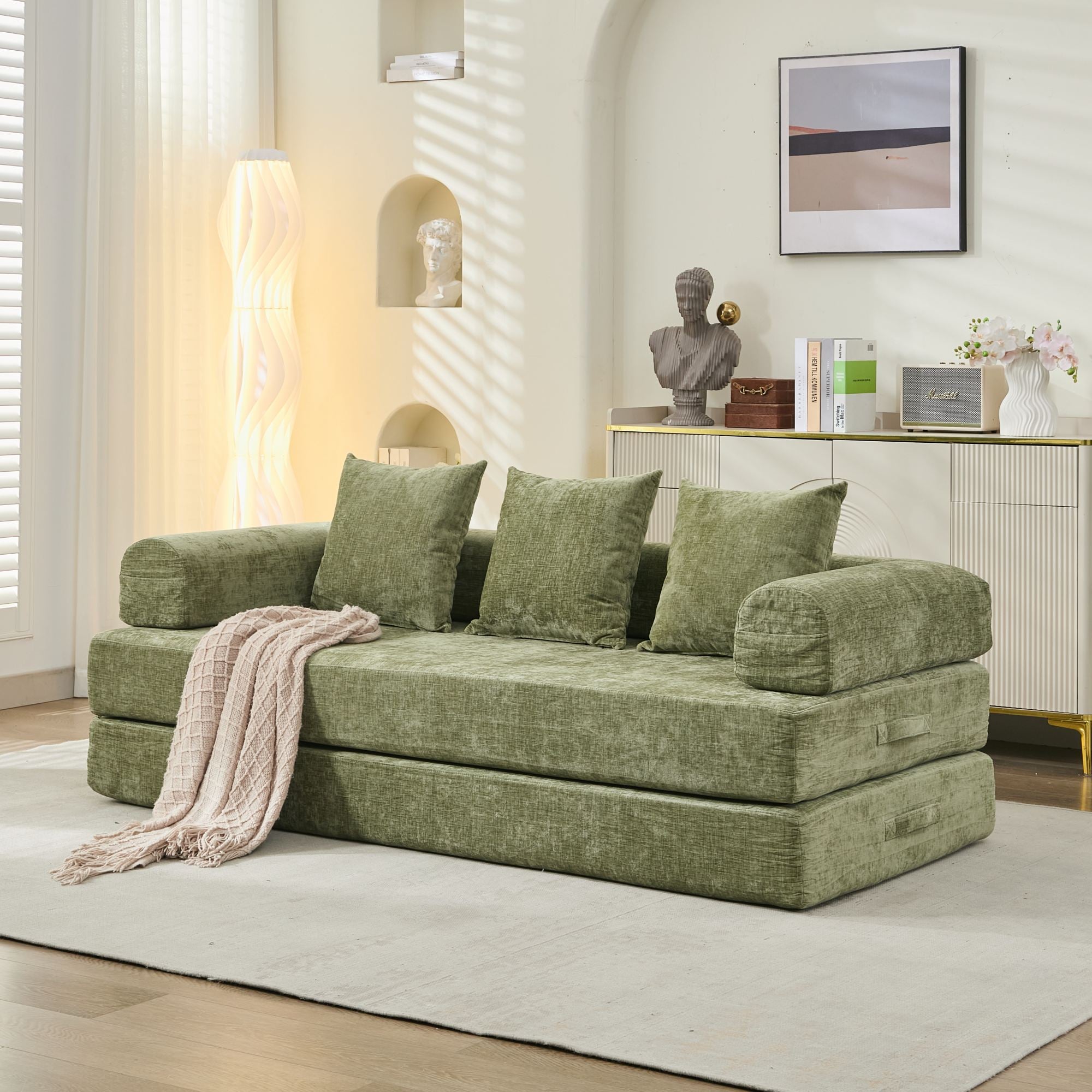 Komfortables umklappbares Matratzen-Sofa, Boden-Sofabett, Chenille-Boden-Sofa mit Armlehnen, Boden-Sofa-Lounge-Couch für Wohnzimmer, Schlafzimmer, Lounge und Studio – Grün