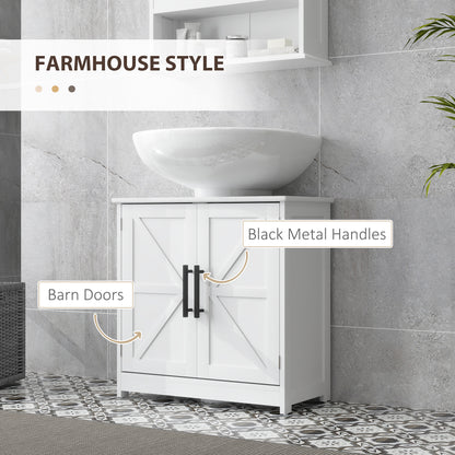 Bauernhaus-Piedestal-Waschbecken-Schrank, Badezimmer-Waschbecken-Schrank mit 2 Scheunentüren und einstellbarem Regal, Weiß
