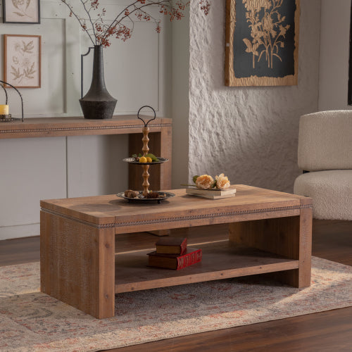 Rechteckiger Couchtisch aus Massivholz für das Wohnzimmer, großer zweistöckiger rustikaler Couchtisch mit Stauraum-Regal, für Büro und Wohnung, einfache Montage