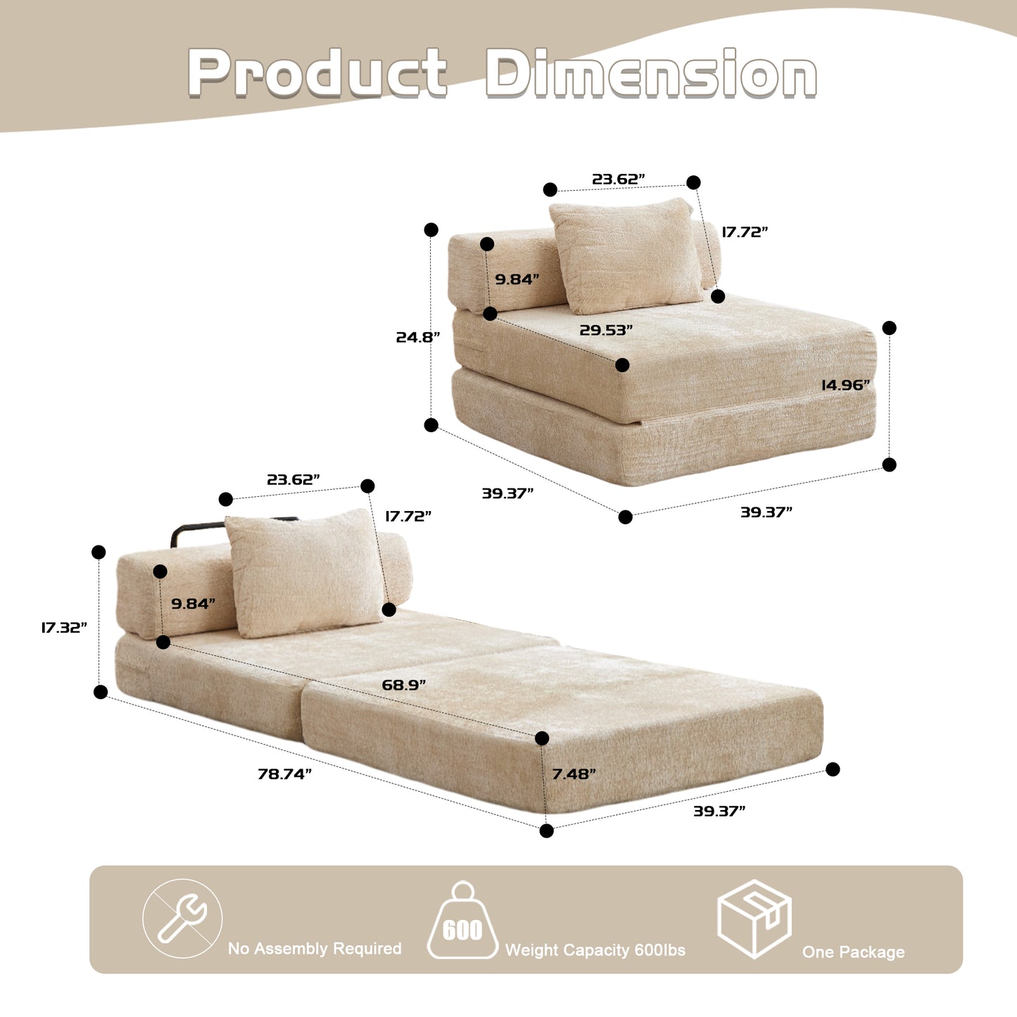 Kompressions-Sofa, Umklappbares Boden-Sofa-Bett mit feststehendem Rahmen, Einzelner Sitzplatz ohne Knochen modularer Sektionssofa, Keine Montage erforderlich, Chenille-Stoff, für Wohnzimmer und Schlafzimmer, Beige