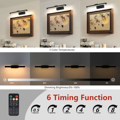 Bildbeleuchtung batteriebetrieben mit Fernbedienung, LED-Schwarz-Kunstlichter für Gemälde, wiederaufladbar, dimmbar und mit Timer, 16-Zoll-Wandleuchte für Kunstgemäldegalerie, verstellbarer Schwingarm für Ausstellungen