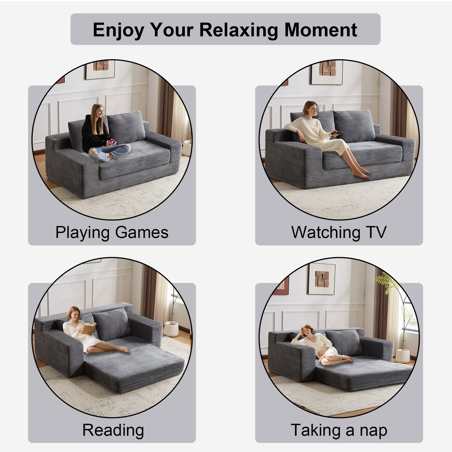Zweisitzer-Sofa, Bequemes Sofa-Bett mit tiefer Sitzfläche, Modernes kleines Cord-Sofa für Wohnzimmer und Schlafzimmer, Umkehrbares Kissen mit Kissen, Keine Montage erforderlich, Dunkelgrau