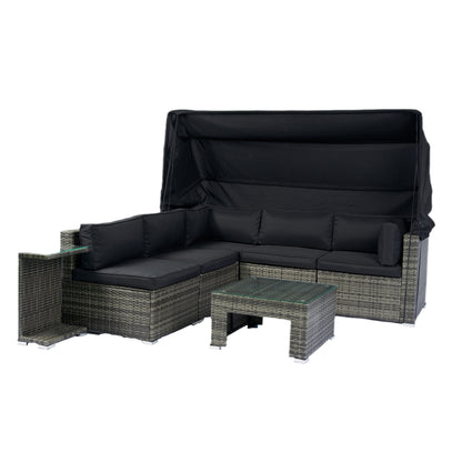 7-teiliges Terrassen-Set mit ausziehbarem Sonnendach Korbgeflecht-Rattan-Sofagarnitur