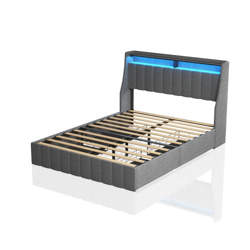 Bettgestell in voller Größe mit LED, 4 unter dem Bett portablen Stauraumschubladen, Flügel-Kopfteil-Design, Hellgrau