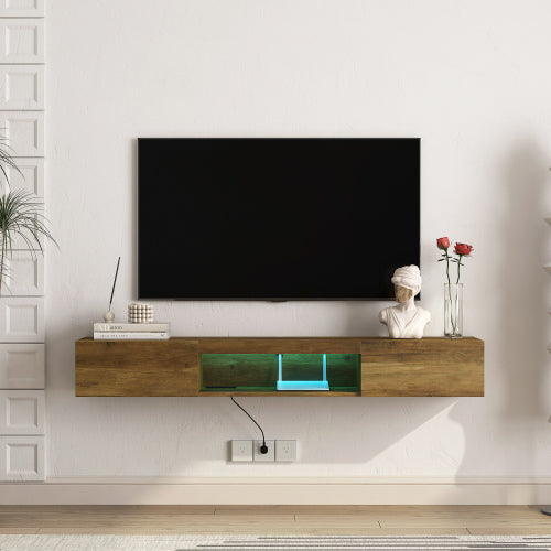 Schwebender TV-Ständer, Wandmontierter TV-Regal mit LED-Lichtern & Stromsteckdose, Wandmontierter Schwebender TV-Ständer mit 16-farbigem LED-Licht-braun