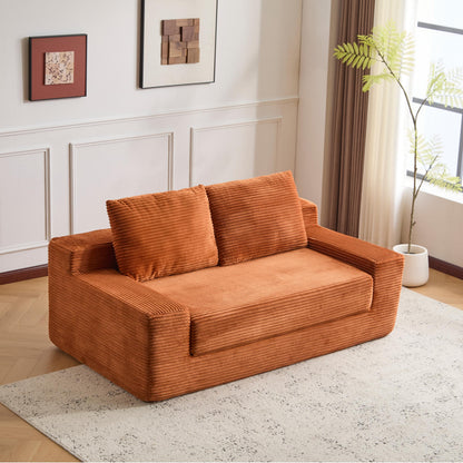 Zweisitzer-Sofa, Bequemes Sofa-Bett mit tiefer Sitzfläche, Modernes kleines Cord-Sofa für Wohnzimmer und Schlafzimmer, Umkehrbares Kissen mit Kissen, Keine Montage erforderlich, Orange