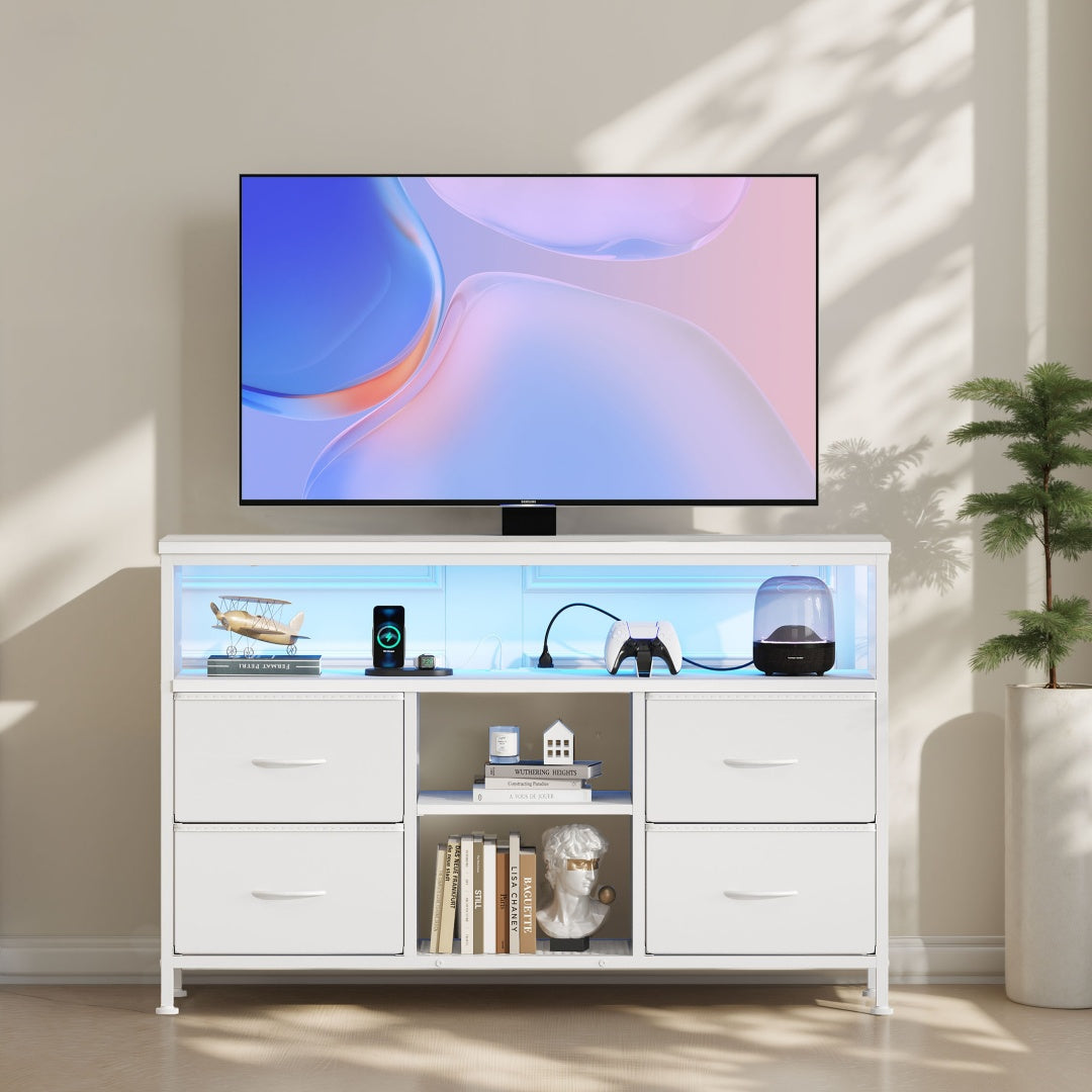 TV-Ständer, 4 Schubladen, mit LED-Lichtern und Stromsteckdosen, Möbel für das Wohnzimmer für 50-Zoll-Fernseher, mit offenen Regalen und verstellbaren Füßen