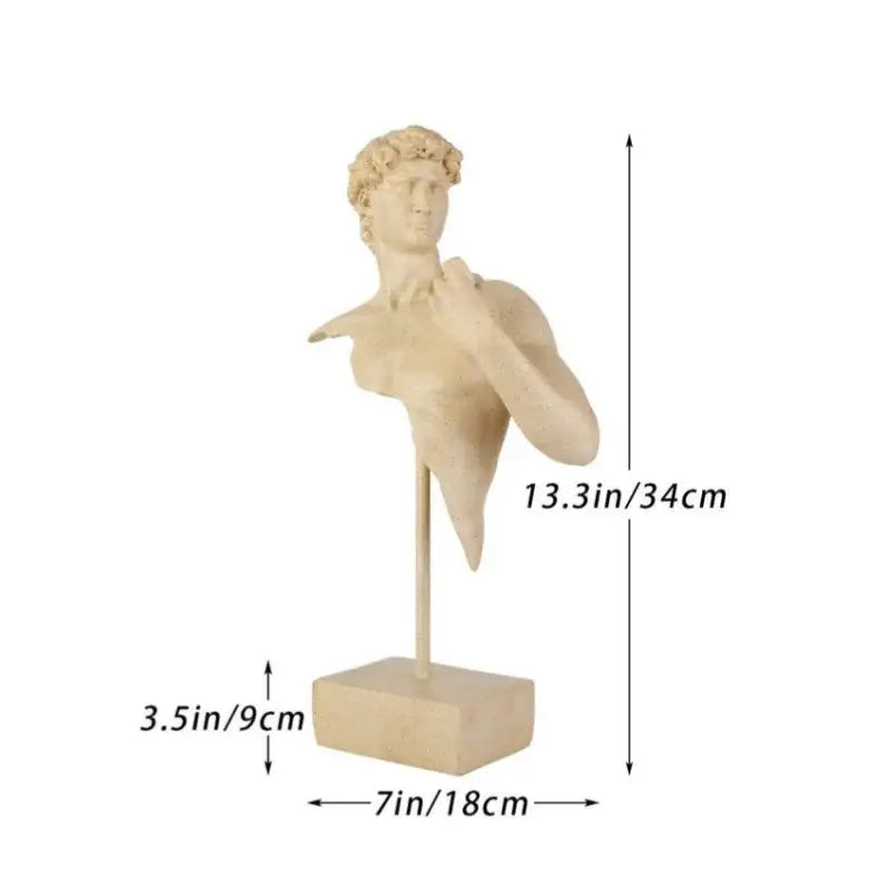 Beige david bust resin sculpture with abstract design on matching base for living room decor