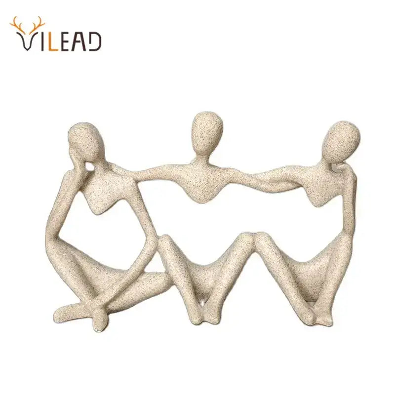 Beige textured resin abstract friendship figurine featuring three connected seated figures for living room decor