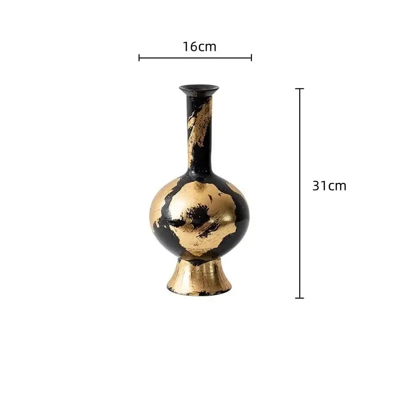 Elegant black ceramic vase with slender neck and flared base featuring gold foil pattern for living room decor